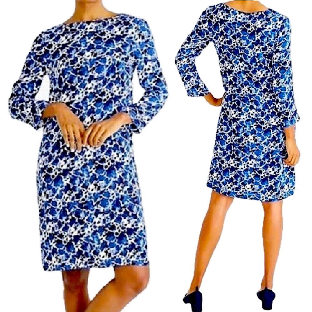 NWT J Crew Mercantile Blue & White Floral 3/4 Sleeve Shift Dress Size Small